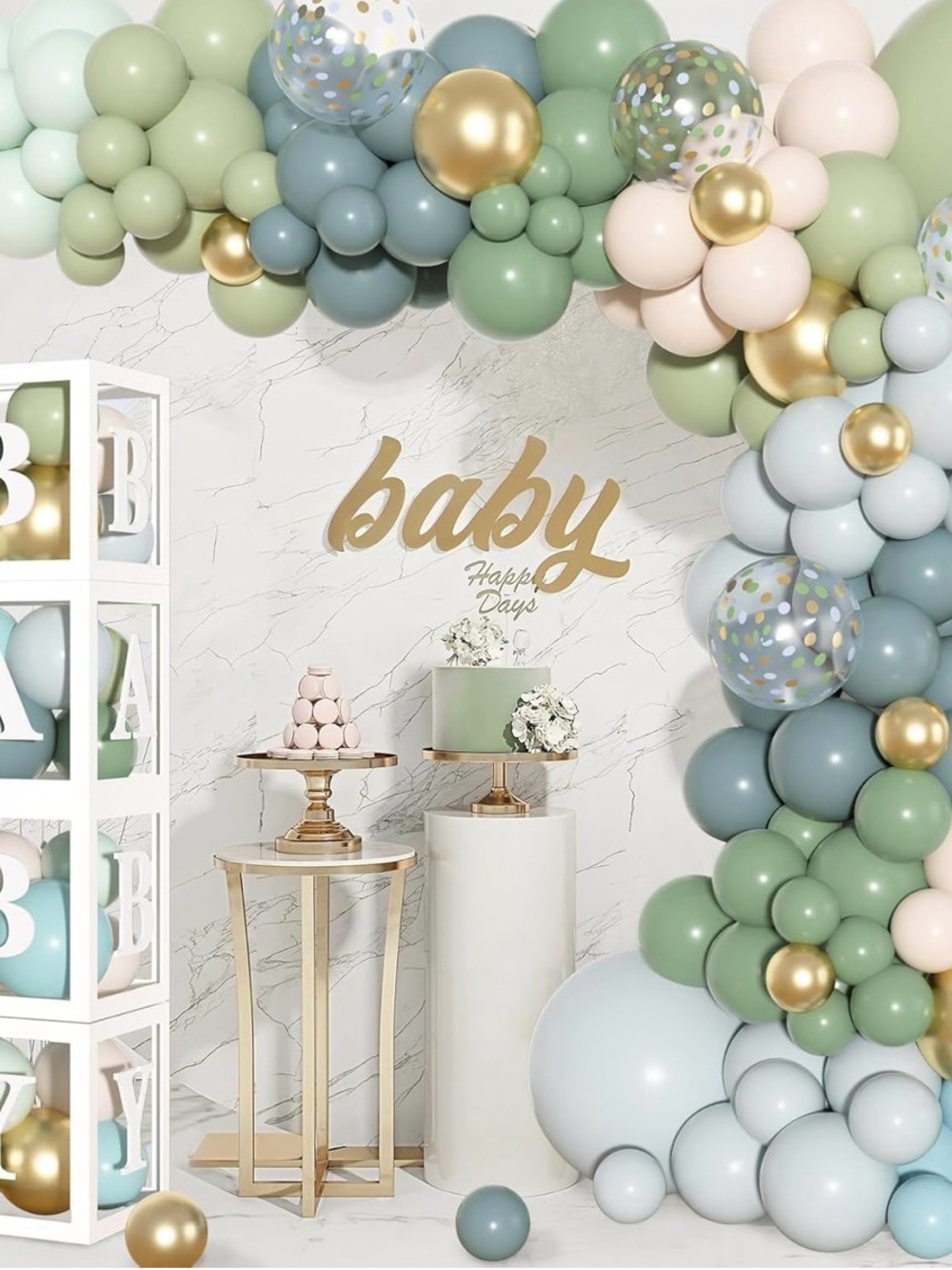 Neutral Pastel Baby Shower Balloon Garland and Decorations with Gold Accents